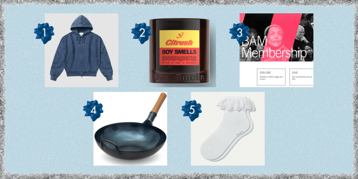 a hoodie, a candle, a BAM membership, a wok, and ruffle socks