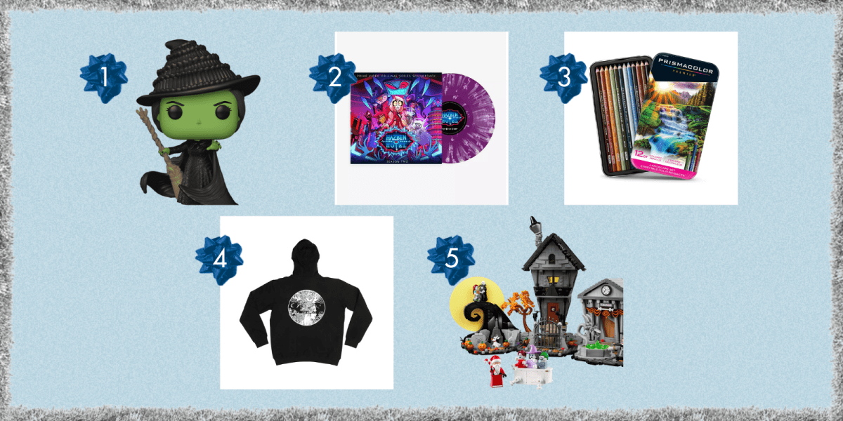 Elphaba Funko Pop, Hazbin Hotel season 2 on DVD, colored pencils, a hoodie from Critical Role, and a Tim Burton LEGO set