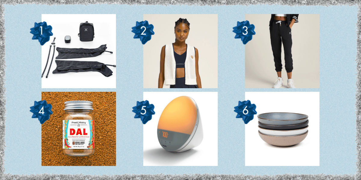 compression boots, a vest, joggers, dal spice blend, a sunrise alarm clock, and ceramic bowls