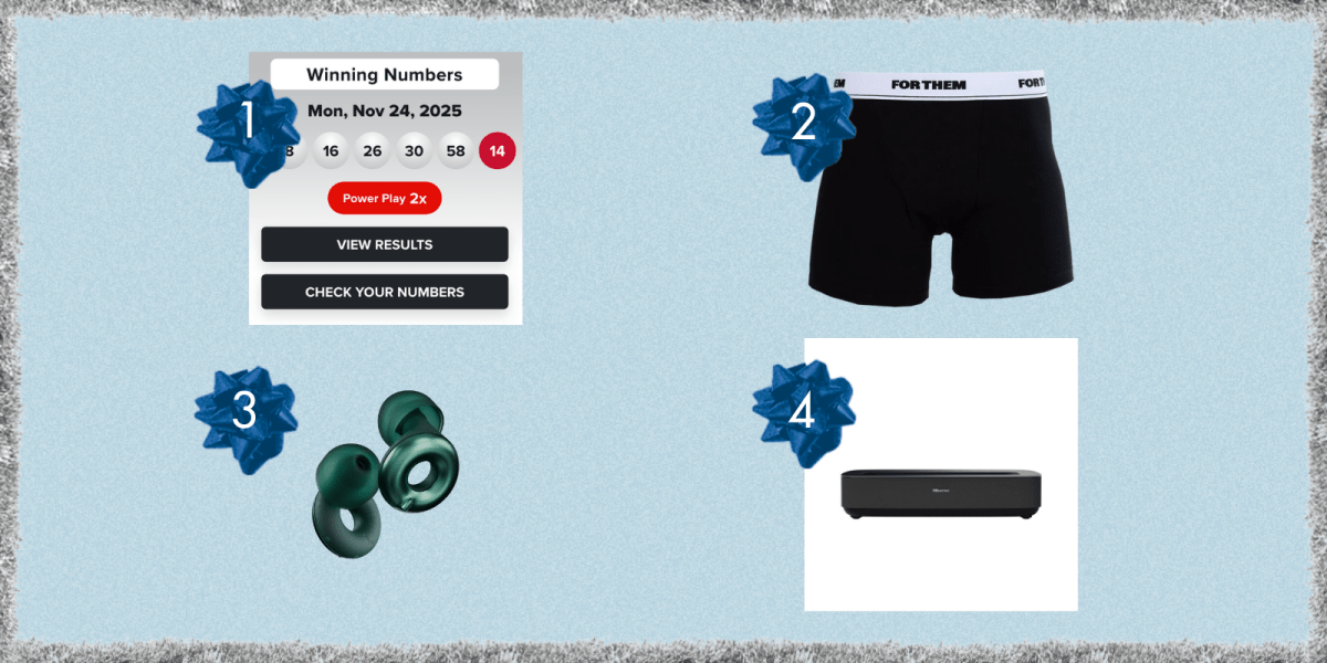 powerball ticket, trad boxers, loop earplugs, and a projector