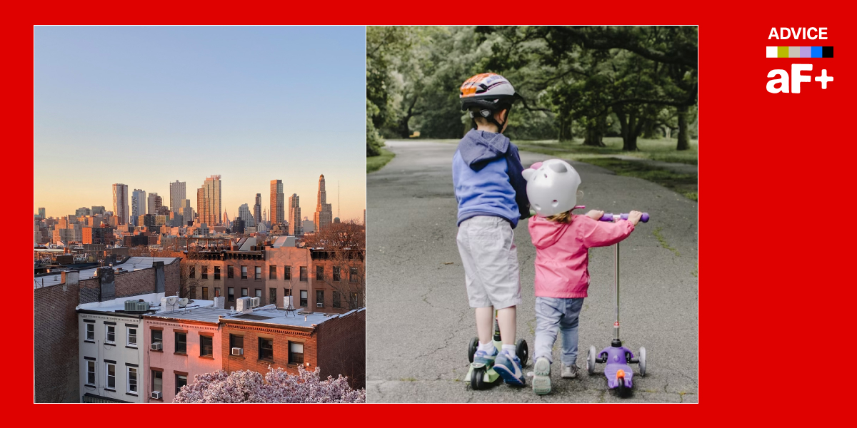 kids on scooters and an image of brooklyn