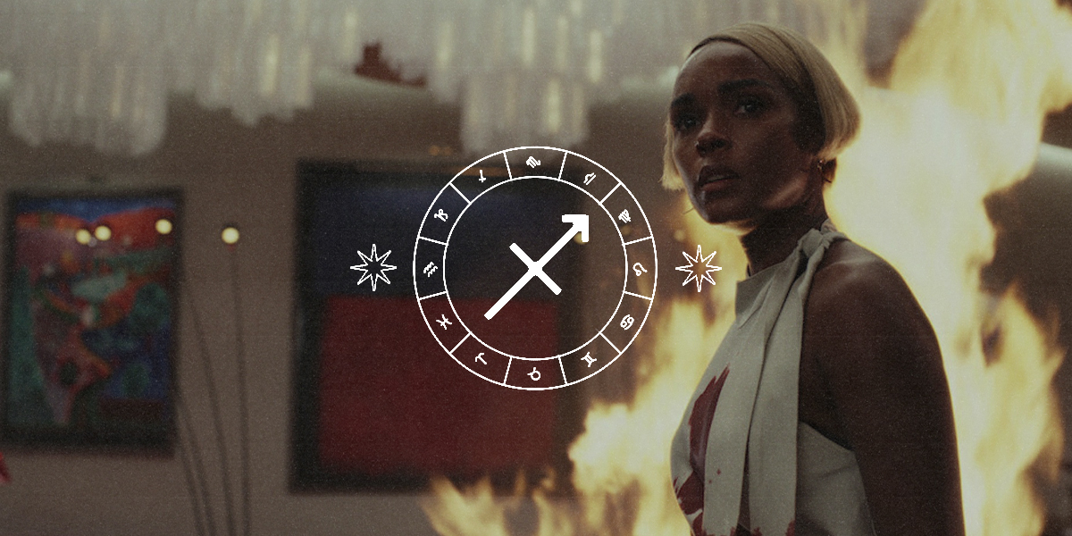 janelle monae in the glass onion with the sagittarius symbol behind them
