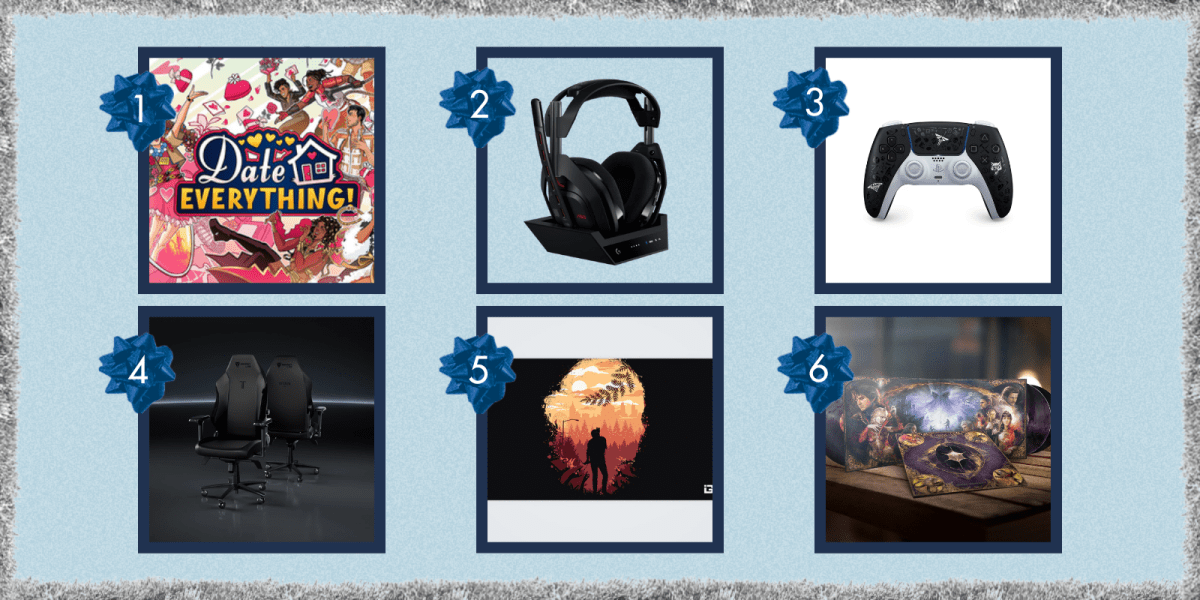 Date Everything game, headphones for gamers, a controller, a gamer chair, a PC mat, and Baldurs Gate vinyl