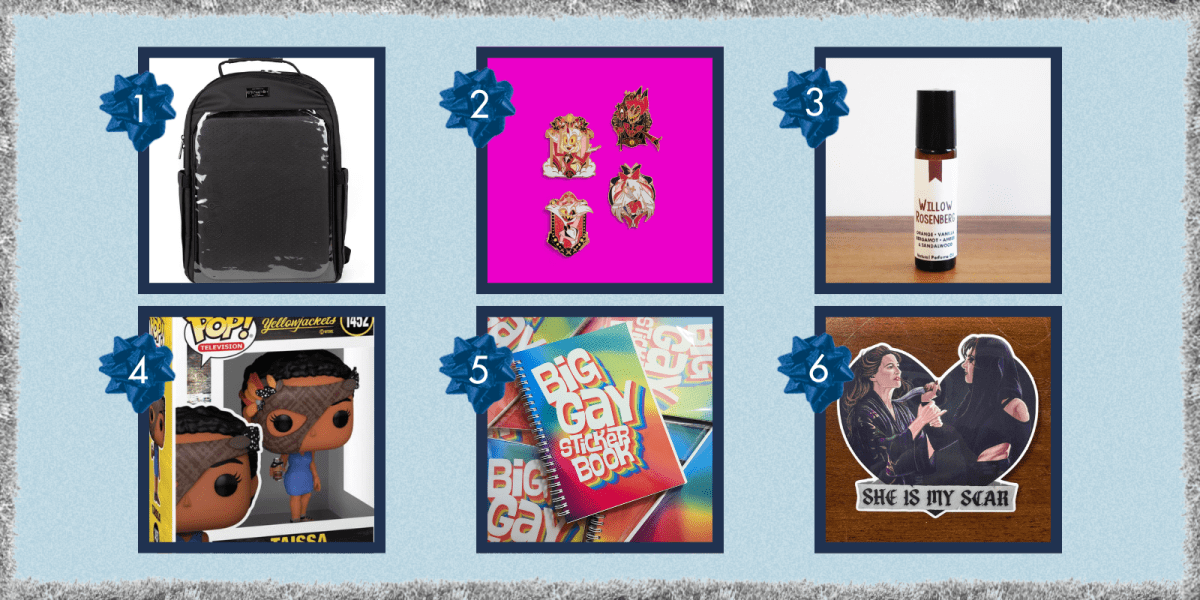 a pin backpack, enamel Hazbin Hotel pins, Willow Rosenberg perfume, Taissa Funko pop, Big Gay Sticker Book, and an Agatha All along sticker