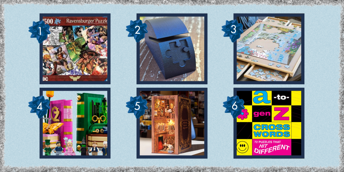 a puzzle, a puzzle stand, elphaba and glinda bookends made from legos, a cozy nook kit, and a crosswords book