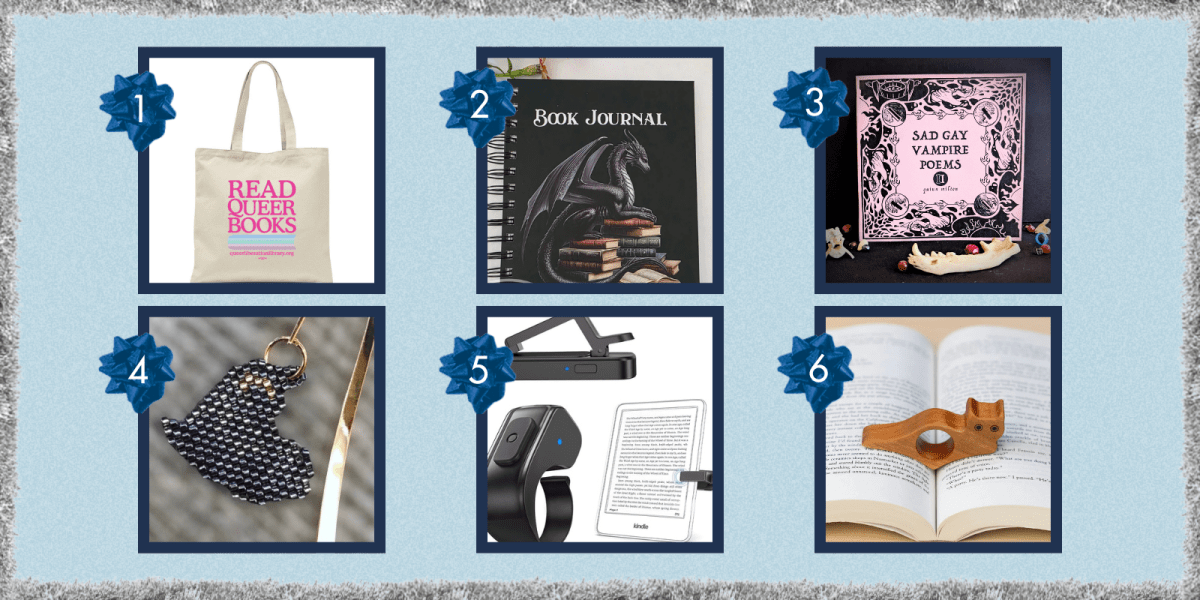 a tote bag, a book journal, a gay vampire zine, a bookmark, an e-reader, and a thumb book page holder