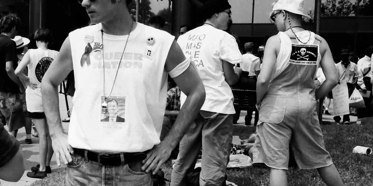 HOUSTON- August 18: 1992 Republican National Convention Protests. Queer Nation and ACT UP (AIDS Coalition to Unleash Power) activists protest the Republican Party, the American government's negligence in the AIDS crisis, anti-gay policies of the Catholic Church, and anti-gay policies of the U.S. military at the Mickey Leland Federal Office Building on August 18, 1992 in Houston, Texas. (Photo by Lindsay Brice/Getty Images)