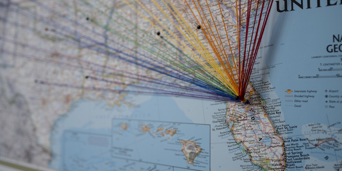 A map with colorful strings representing the reach across the country of Spectrum Health in Orlando, Fla. on February 19 2024. (Photo by Thomas Simonetti for The Washington Post via Getty Images)