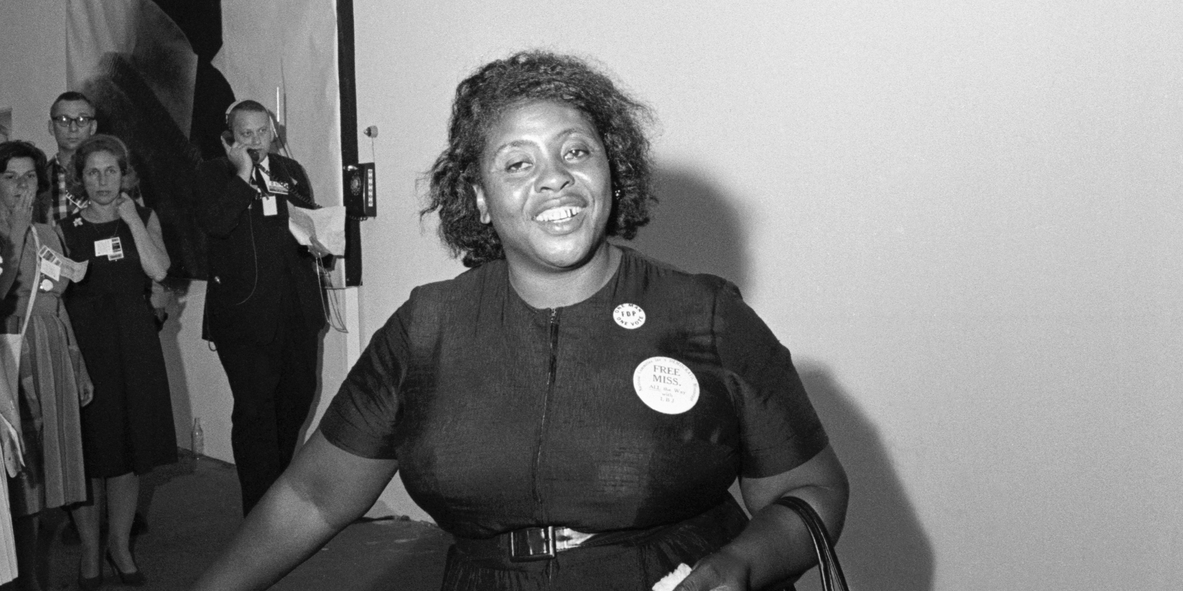 (Original Caption) 8/25/1964-Atlantic City, NJ- Convention Hall. Mrs. Fannie Hamer, member of the Mississippi Freedom Democratic Party, was one of the exciting highlights of the National Democratic Convention. Here, she walks firmly toward the convention hall entrance, to which she and other members of her group were finally admitted.