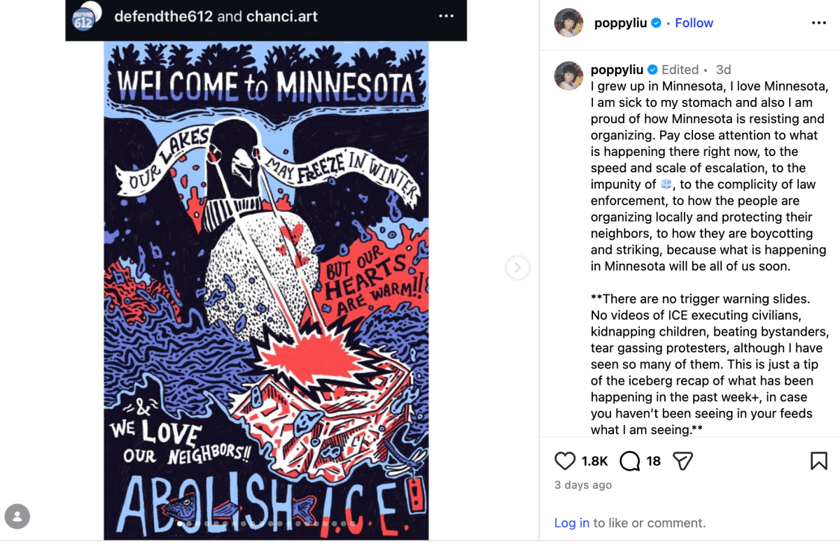 Poppy Liu's Instagram post about ICE