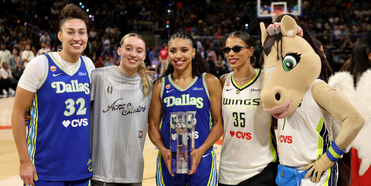 CHICAGO, ILLINOIS - JULY 24: (L-R) Jessica Shepard #32, Paige Bueckers #5, Azzi Fudd #35 and Alysha Clark #7 of the Dallas Wings pose after the Kia WNBA Skills Challenge STARRY 3-Point Contest in the AT&T WNBA All-Star 2026 at Wintrust Arena on July 24, 2026 in Chicago, Illinois. NOTE TO USER: User expressly acknowledges and agrees that, by downloading and or using this photograph, User is consenting to the terms and conditions of the Getty Images License Agreement. (Photo by Geoff Stellfox/Getty Images)